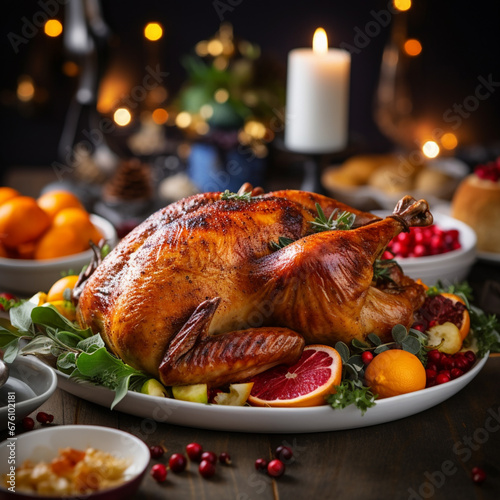 Pavo de Acción de Gracias en la mesa con otra comida típica navideña de dia photo