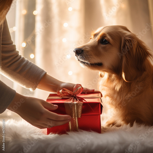 Mujer entregando regalo a perro  photo