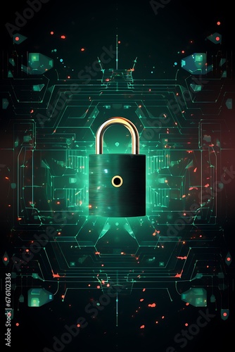 Cyber security concept. Padlock on circuit board