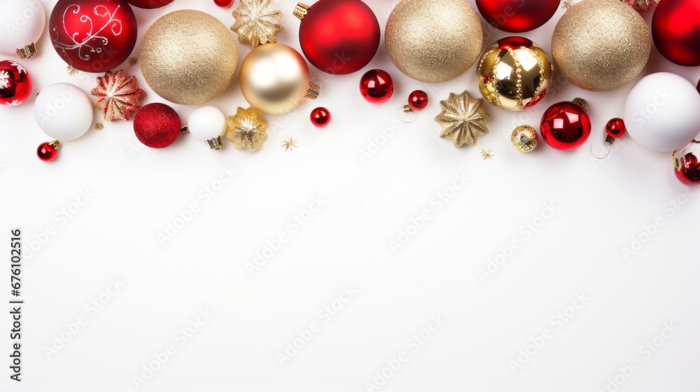Christmas and New Year colorful balls and stars lying on white flat lay background. Christmas and New Year colorful balls and stars lying on white flat lay background.