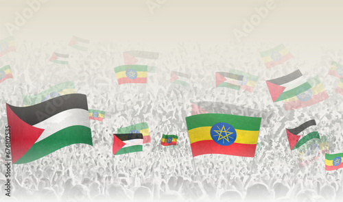 Palestine and Ethiopia flags in a crowd of cheering people.