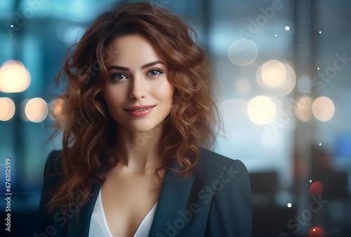 Beautiful young woman with long curly hair. Portrait of a beautiful girl in a business suit.