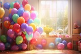 Birthday celebration. Cozy room with colorful balloons.