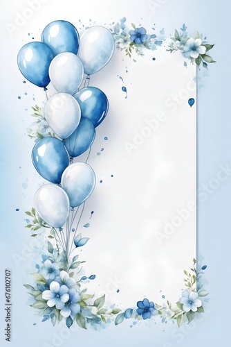 Watercolor page template, white and light blue floral details and blue balloons. Baby shower invitation template. Hello baby boy illustration. Birth party background photo