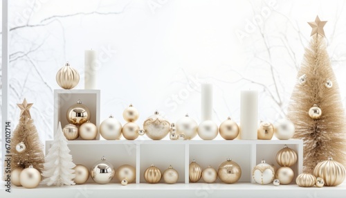 Fototapeta Festive christmas scene with white background, adorned with ornaments and decorations 3d rendering