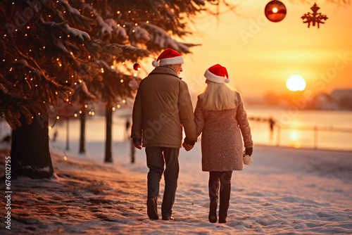Romantic scene of mature adult senior couple who date walking hand in hand talking sea water on background. Upcoming New Year holiday or celebrating together concept