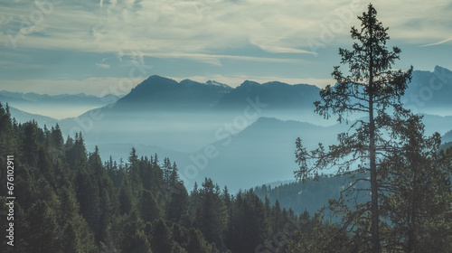 Aerial view of mountains under mist morning