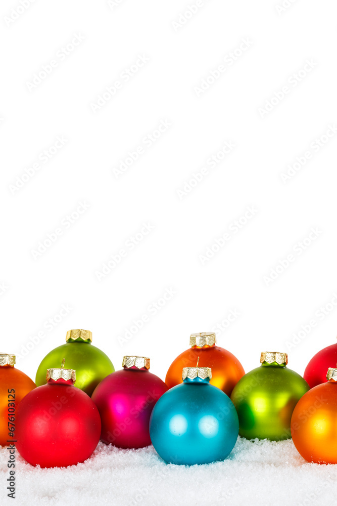 Christmas balls baubles in winter with copyspace copy space decoration portrait format isolated on a white background Christmas balls baubles in winter with copyspace copy space decoration portrait format isolated on a white background