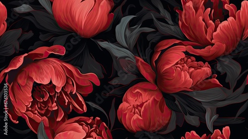  a close up of a bunch of flowers on a black background with red and grey flowers in the middle of the picture. generative ai