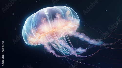  a close up of a jellyfish on a black background with a blurry image of it's head.  generative ai © Olga