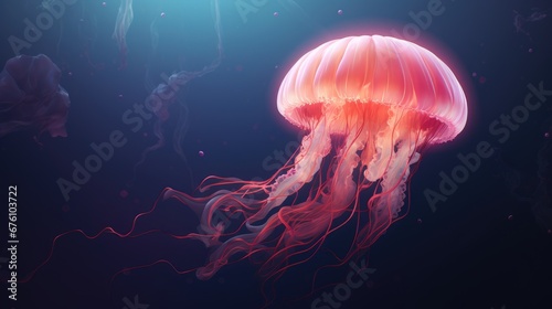  a close up of a jellyfish in a body of water with other jellyfish in the water behind it.  generative ai © Olga