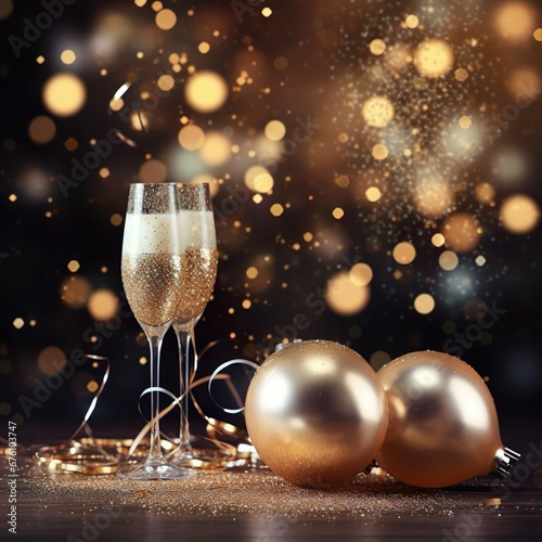 Champagne Glass Adorned with Christmas Baubles, Starry Holiday Background, Glitter, and Twinkling Lights. Golden Christmas Celebration with Sparkling Balloons, Glitter, and Confetti. - Generative AI