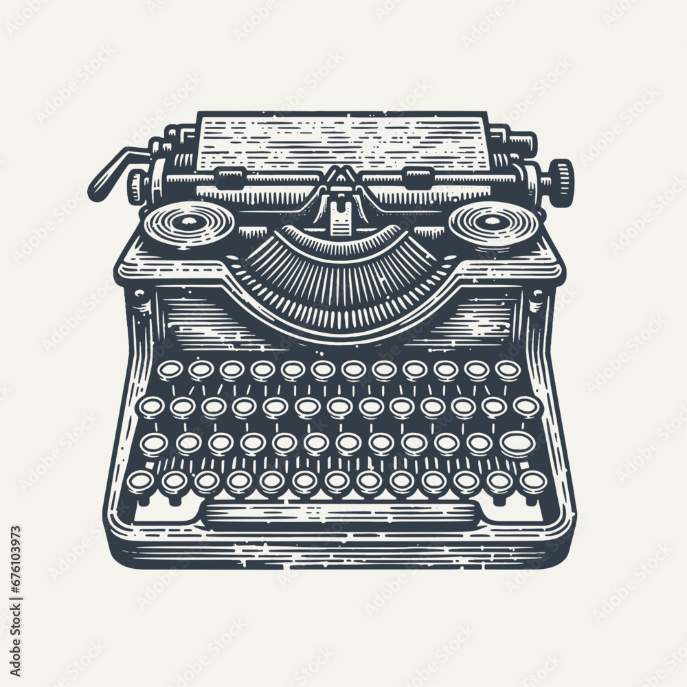 Classic Woodcut Vector Illustration of a Vintage Typewriter.