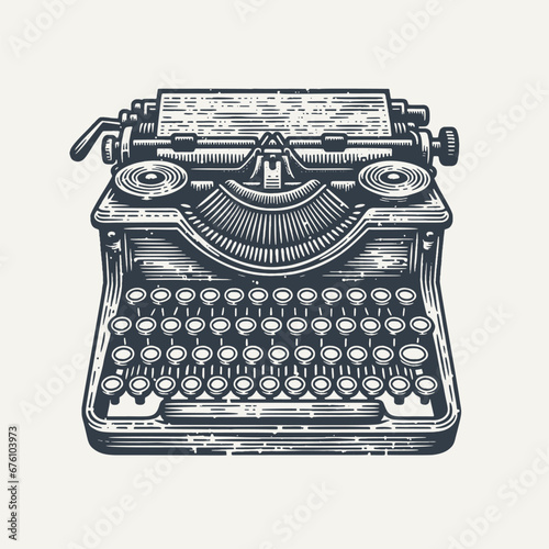Classic Woodcut Vector Illustration of a Vintage Typewriter.