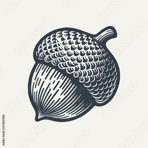  Monochrome Woodcut Vector Illustration of an Acorn.