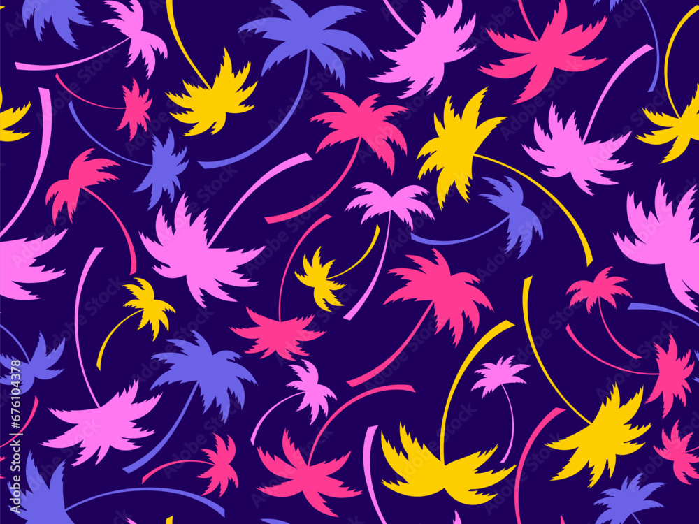 Seamless pattern with colorful palm trees. Summer time, wallpaper with tropical palm trees pattern. Design for printing t-shirts, banners and promotional items. Vector illustration Seamless pattern with colorful palm trees. Summer time, wallpaper with tropical palm trees pattern. Design for printing t-shirts, banners and promotional items. Vector illustration