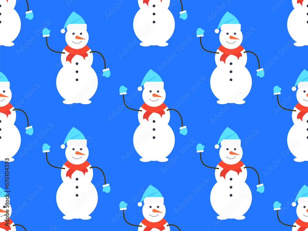 Seamless pattern with snowmen in a hat, scarf and mittens. Winter Christmas background with three-ball snowman. Xmas design for wrapping paper, banners and promotional items. Vector illustration