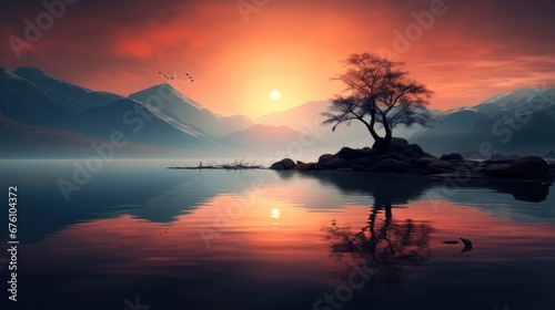  a painting of a tree on a small island in the middle of a body of water with mountains in the background.  generative ai