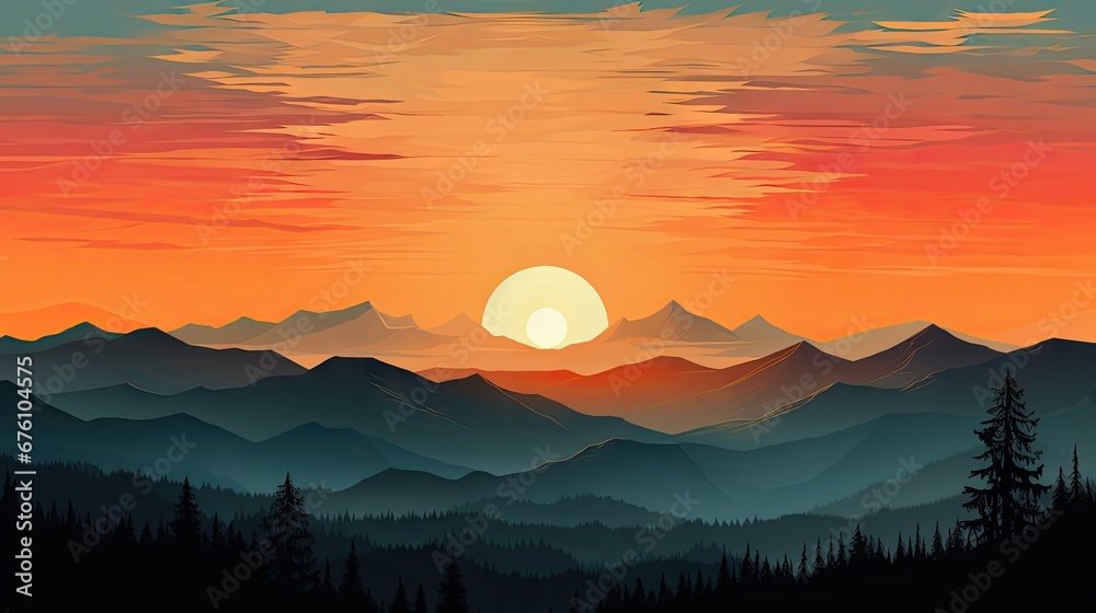  a painting of a sunset over a mountain range with pine trees in the foreground and the sun in the distance.  generative ai