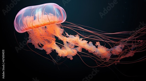  a close up of a jellyfish on a black background with a black background and a red jellyfish in the middle of the frame. generative ai