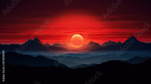  a painting of a sunset over a mountain range with the sun rising over the mountains and the sun rising over the horizon.  generative ai