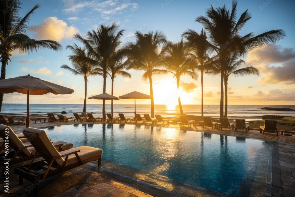 Tropical sunset at infinity pool with palm treesideal for a carefree summer vacation and lifestyle.