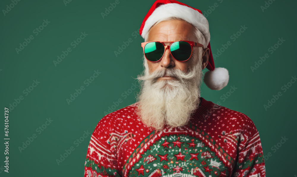 Studio portrait of a trendy Father Christmas character wearing a festive christmas ugly jumper - obrazy, fototapety, plakaty 