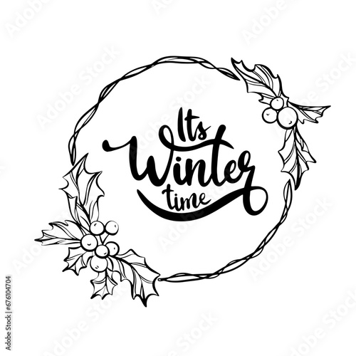 Winter christmas wreath with leaves, berries, poinsettia and branch twigs. Vector illustration. Modern design for Holidays invitation card, poster, banner, greeting card, postcard, packaging, print.	