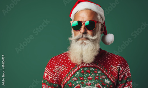 Studio portrait of a trendy Father Christmas character wearing a festive christmas ugly jumper photo