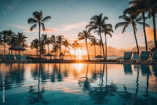 Breathtaking tropical oasis infinity pool, palm trees, and sunset at stunning beach resort