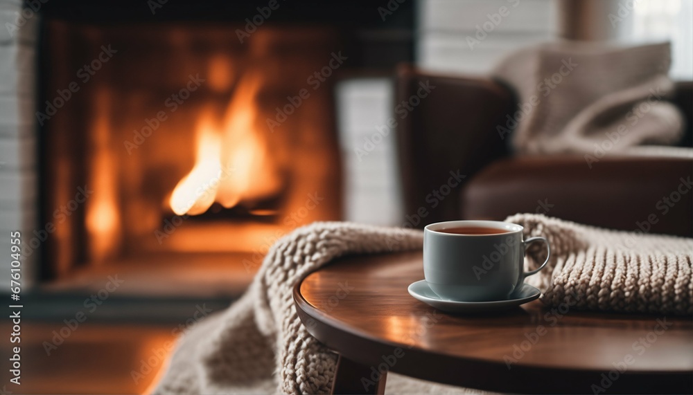 Living room with a fireplace featuring a mug of hot tea on a chair with a woolen blanket on a cozy winter day - obrazy, fototapety, plakaty 