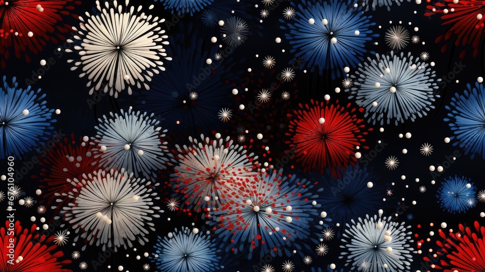 Naklejka premium a bunch of red, white, and blue fireworks on a black background with a pattern of stars and dots. generative ai