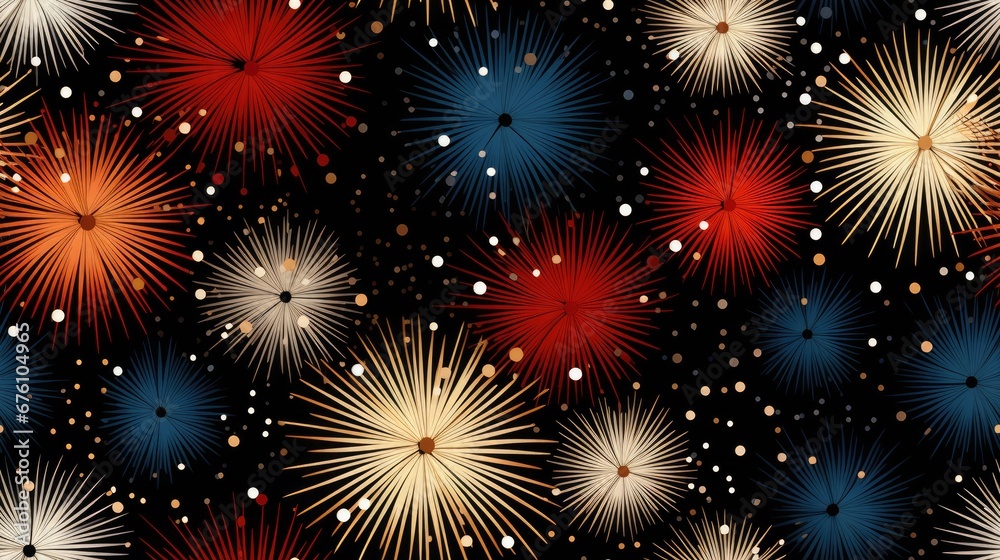 Fototapeta premium a black background with red, white, and blue fireworks and confetti sprinkles on it. generative ai