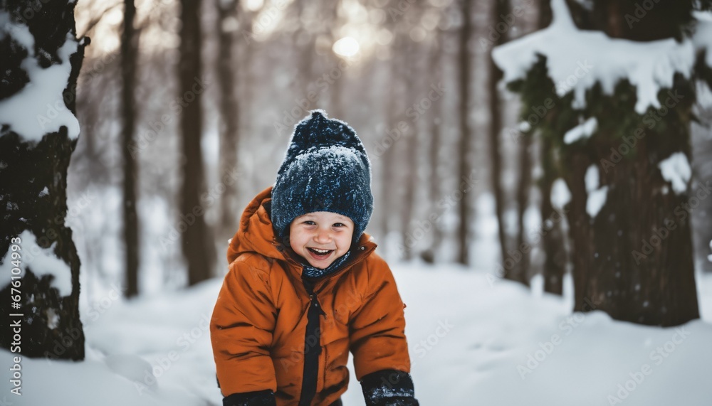 Portrait of a happy child in winter nature with snowfall
