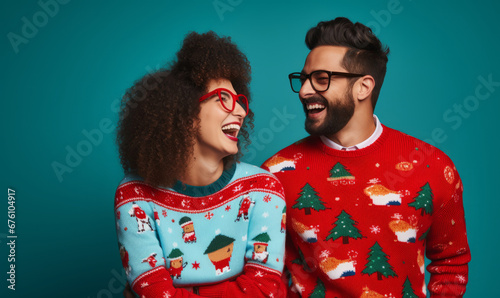 Studio portrait of a young trendy couple wearing festive christmas ugly jumpers