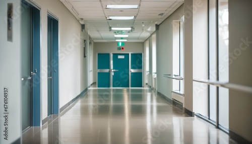 Reception clinic and hospital hallway with an unfocused background