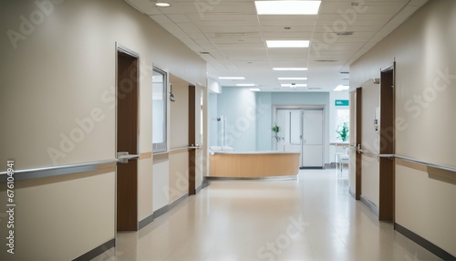 Reception clinic and hospital hallway with an unfocused background