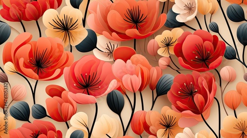  a bunch of red and yellow flowers on a white background with black stems and leaves on a beige background with black stems and orange and red flowers. generative ai