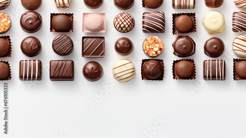 Closeup of many delicious chocolates. Assortment of dark, milk and bitter chocolate candies, wallpaper. photo