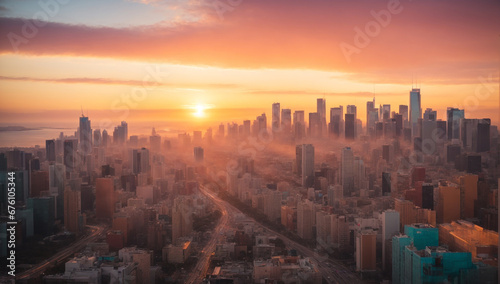 Colorful cityscape during a stunning sunset, with warm tones painting the skyline - AI Generative