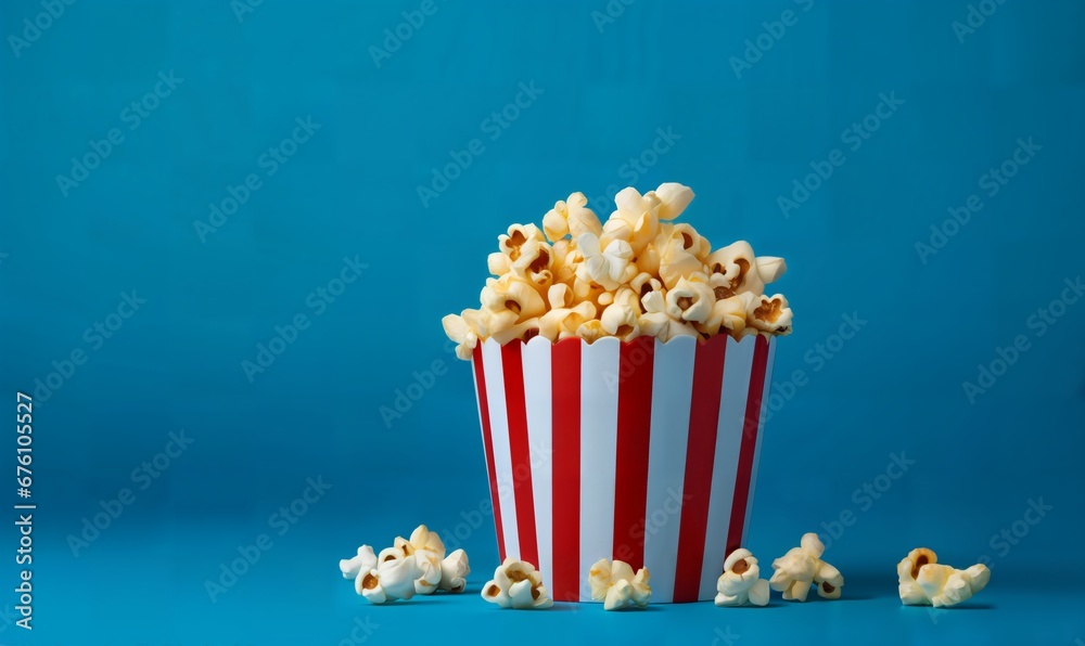 paper bucket with popcorn on flat background with copyspace paper bucket with popcorn on flat background with copyspace