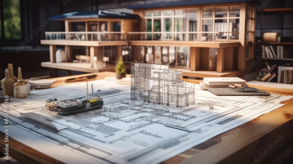 Fototapeta premium a housing construction project within the real estate domain, detailed residential building plans neatly arranged on an architect engineer's office desk, ample copy space against a background.