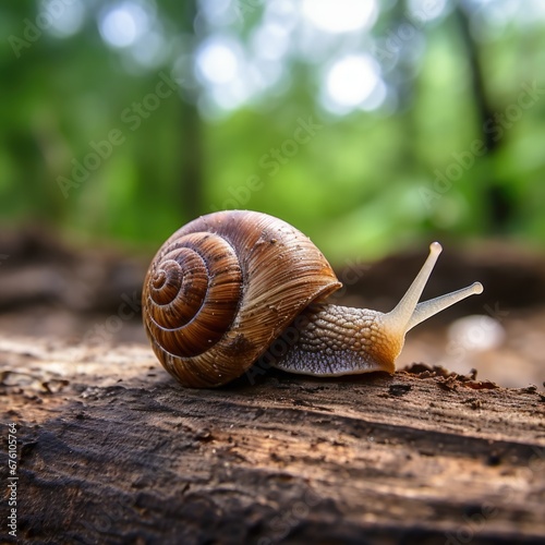 A snail is crawling on a log in the forest, AI photo