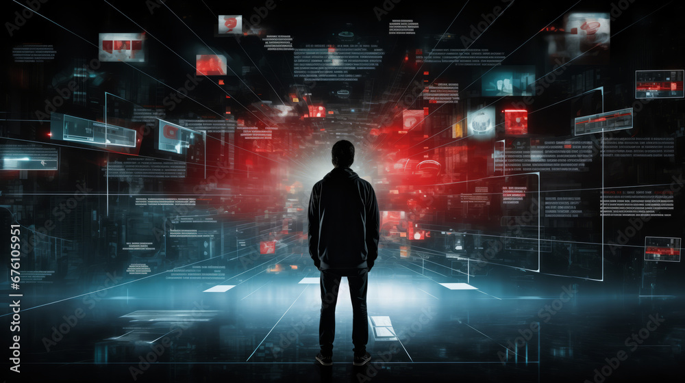 a lone figure standing in front of a large screen displaying classified information a lone figure standing in front of a large screen displaying classified information