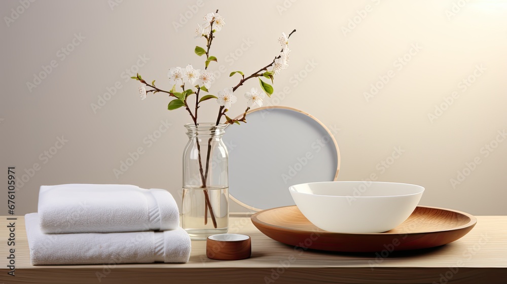 a round dish adorned with a white towel, cotton pads, a wooden brush, and a glass vase with a tree branch, an inviting empty space, perfect for natural beauty product advertising. a round dish adorned with a white towel, cotton pads, a wooden brush, and a glass vase with a tree branch, an inviting empty space, perfect for natural beauty product advertising.