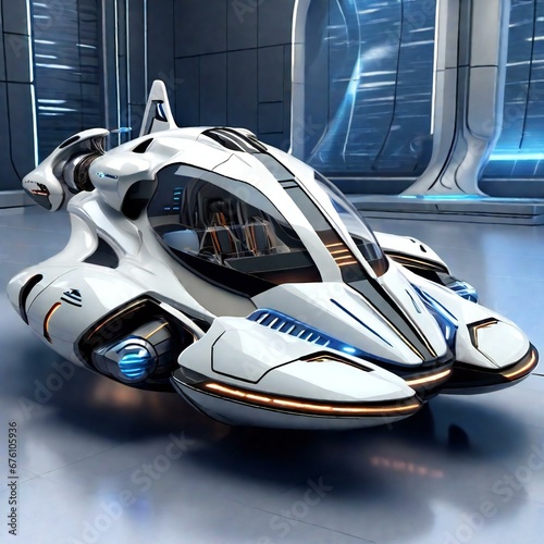 A futuristic vehicle, such as a sleek hovercraft or a futuristic spaceship, with advanced propulsion systems and sleek, aerodynamic designs