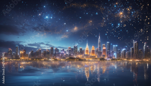 Craft a magnificent and captivating city skyline at night, aglow with sparkling lights that dance upon the water's surface, creating mesmerizing reflections - AI Generative