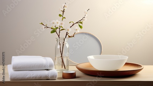 a round dish adorned with a white towel  cotton pads  a wooden brush  and a glass vase with a tree branch  an inviting empty space  perfect for natural beauty product advertising.