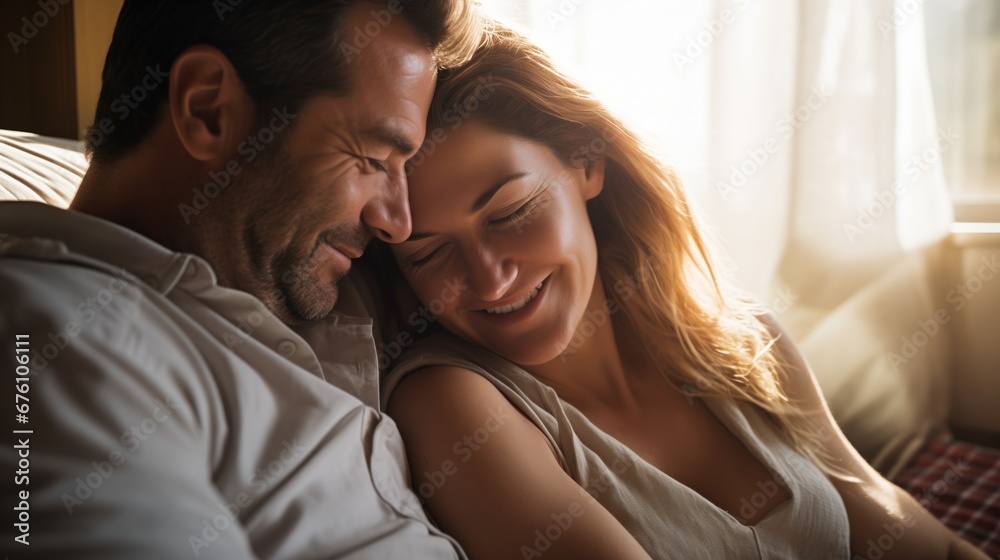 a 30-45 year-old couple sharing a cozy, lazy weekend morning in bed, with soft morning light spilling through the window a 30-45 year-old couple sharing a cozy, lazy weekend morning in bed, with soft morning light spilling through the window