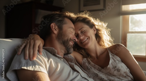 a 30-45 year-old couple sharing a cozy, lazy weekend morning in bed, with soft morning light spilling through the window